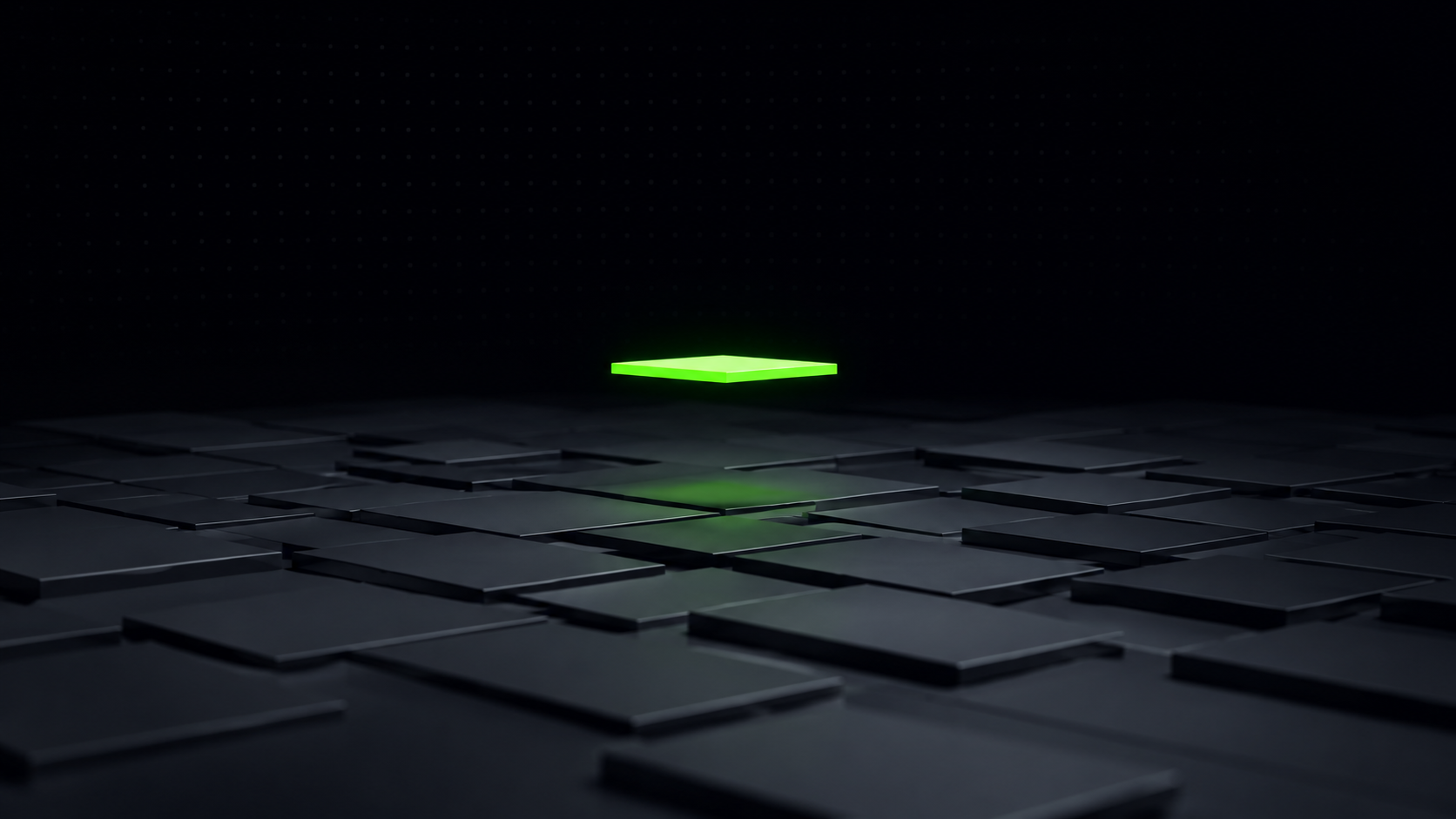 Abstract dark 3D render of a wide field of flat dark grey slabs, with one slab lifted above the rest and glowing lime green, casting light on the slabs below it.