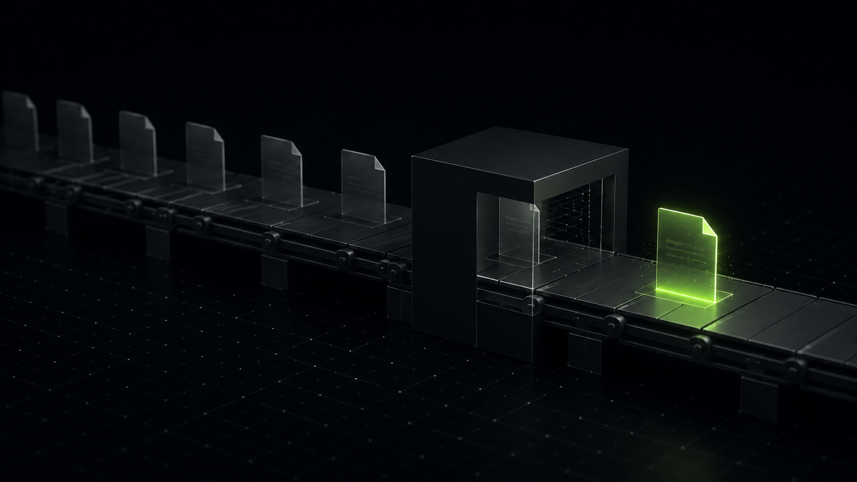 Abstract dark 3D render of plain grey document shapes moving along a conveyor through a machine and emerging as a single refined document glowing lime green.