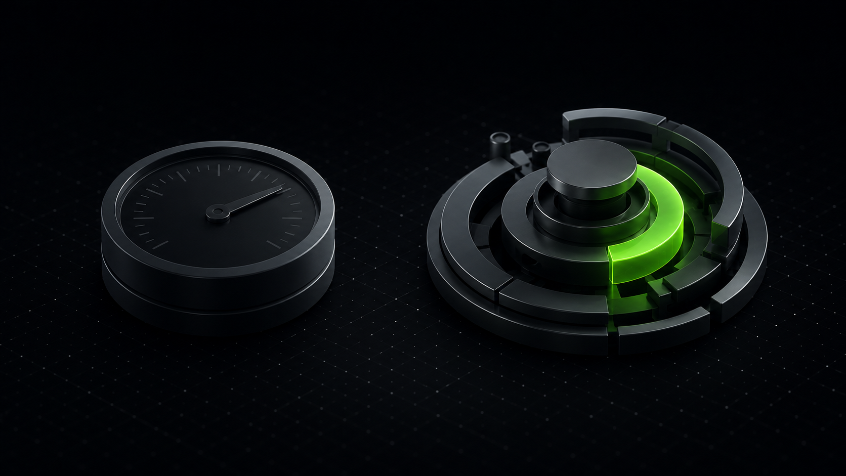 Abstract dark 3D render of two dials side by side: a plain grey gauge on the left and an active layered mechanism on the right with a glowing lime green segment.