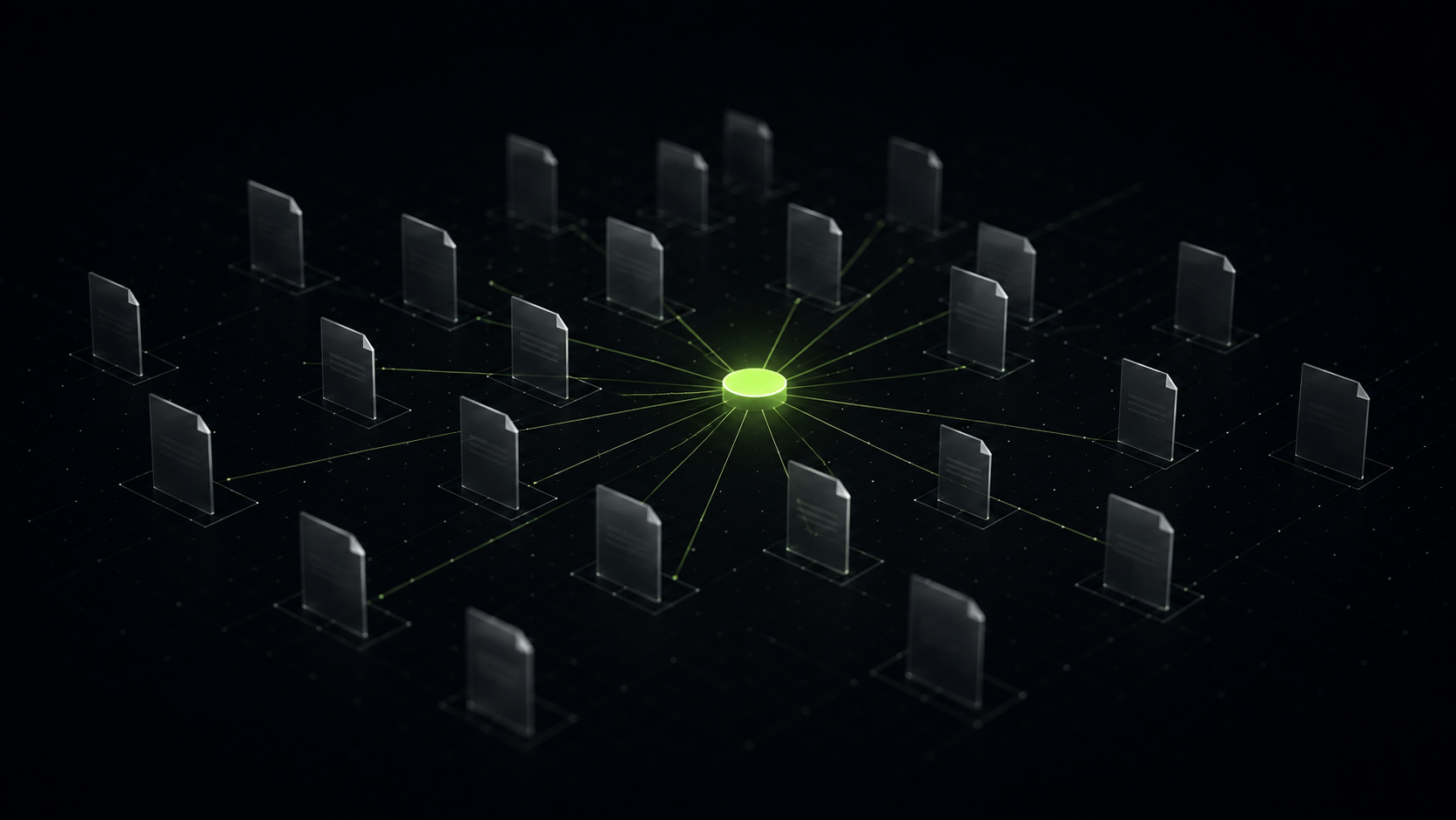 Abstract dark 3D render of many grey document cards arranged in a ring, each linked by a thin line to a single glowing lime green hub at the centre.