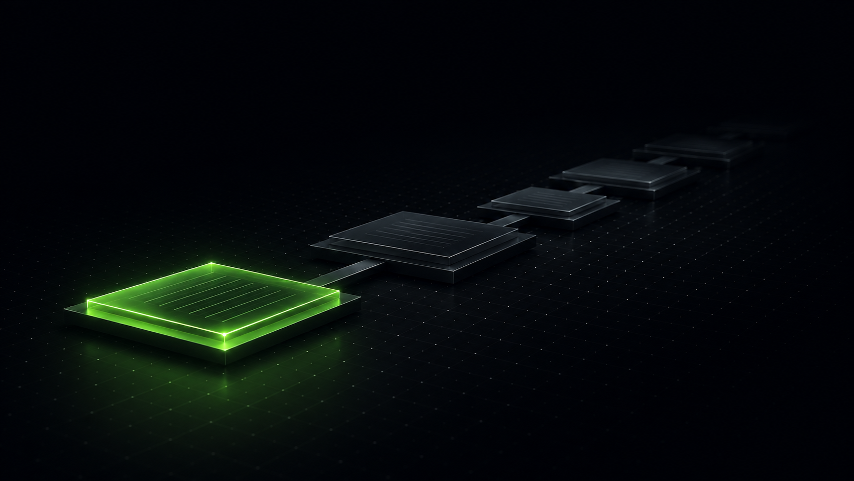 Abstract dark 3D render of connected flat blocks receding into darkness in a line, the nearest block glowing lime green.