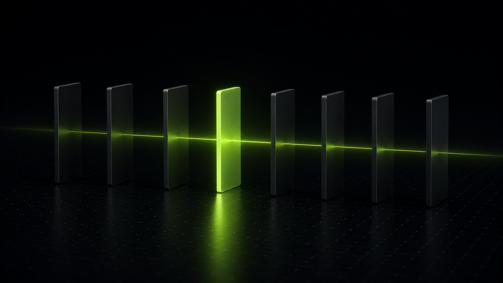 Abstract dark 3D render of a row of upright dark grey plates on a reflective floor, crossed by a horizontal beam of lime green light, with one plate lit bright lime green.