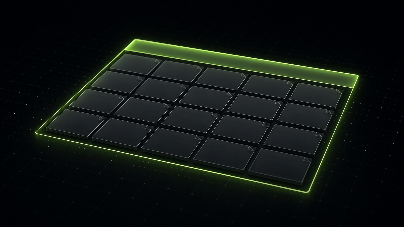 Abstract dark 3D render of an orderly grid of dark grey tiles bounded by a glowing lime green frame with a lit header band.