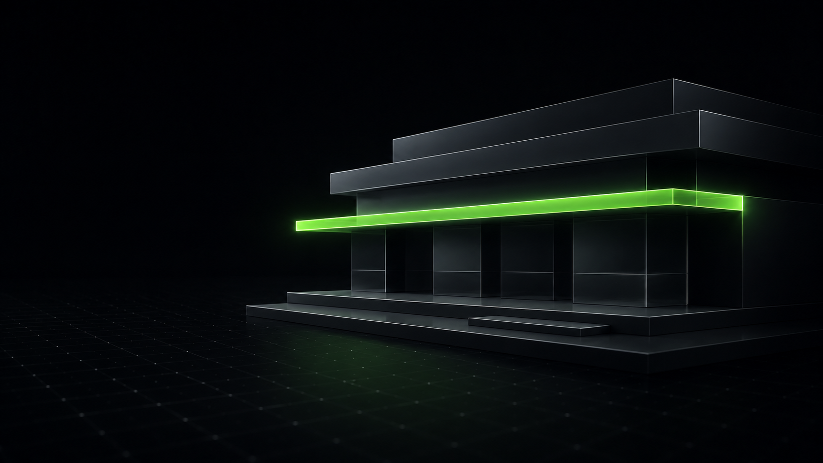 Abstract dark 3D render of a minimal storefront built from stacked geometric tiers, with a single glowing lime green band above the shopfront windows.