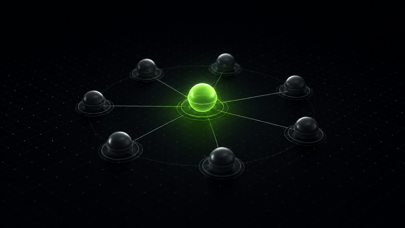 Abstract dark 3D render of a glowing lime green sphere at the centre of a ring of dark grey spheres, thin lines connecting the centre to each one.