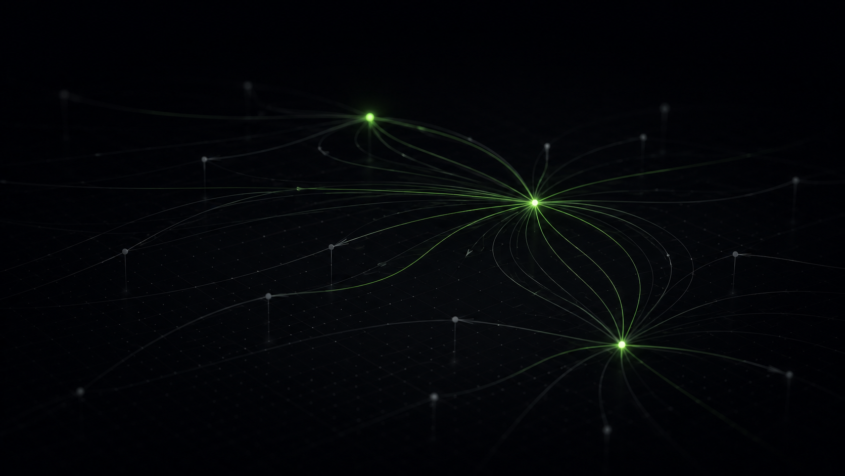 Abstract dark 3D render of many faint grey flow lines curving across a dark plane and converging into three brightly glowing lime green nodes.