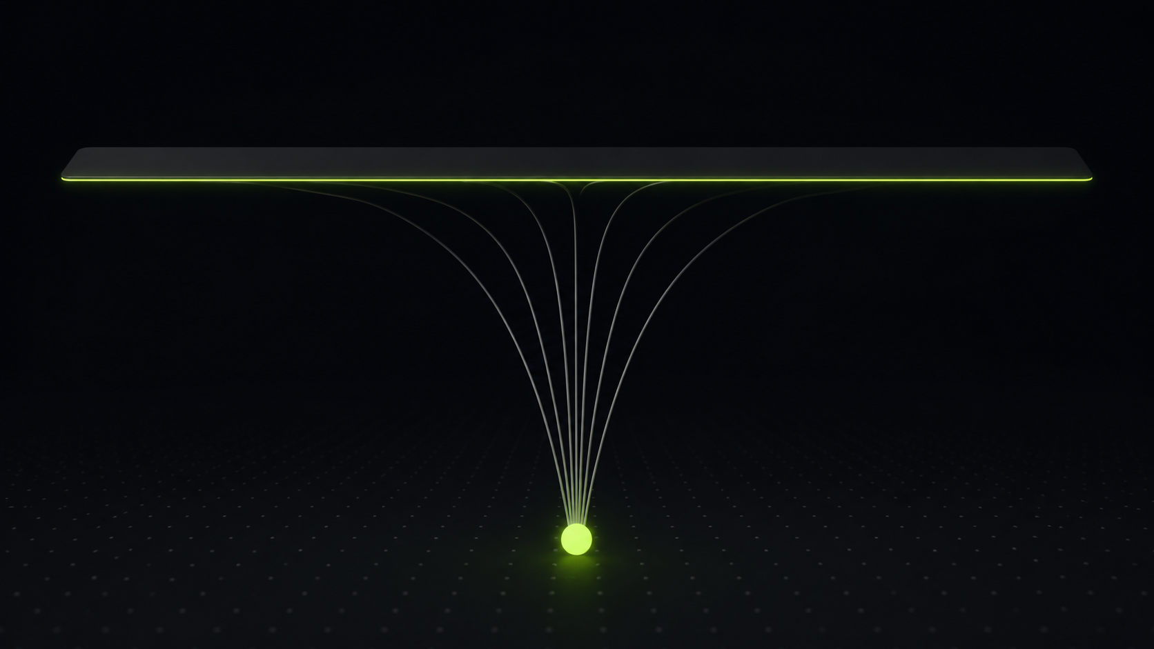 Abstract dark 3D render of a single glowing lime green sphere at the bottom with thin pale filaments rising and fanning outward from it, converging into one wide dark bar across the top whose leading edge glows lime green.