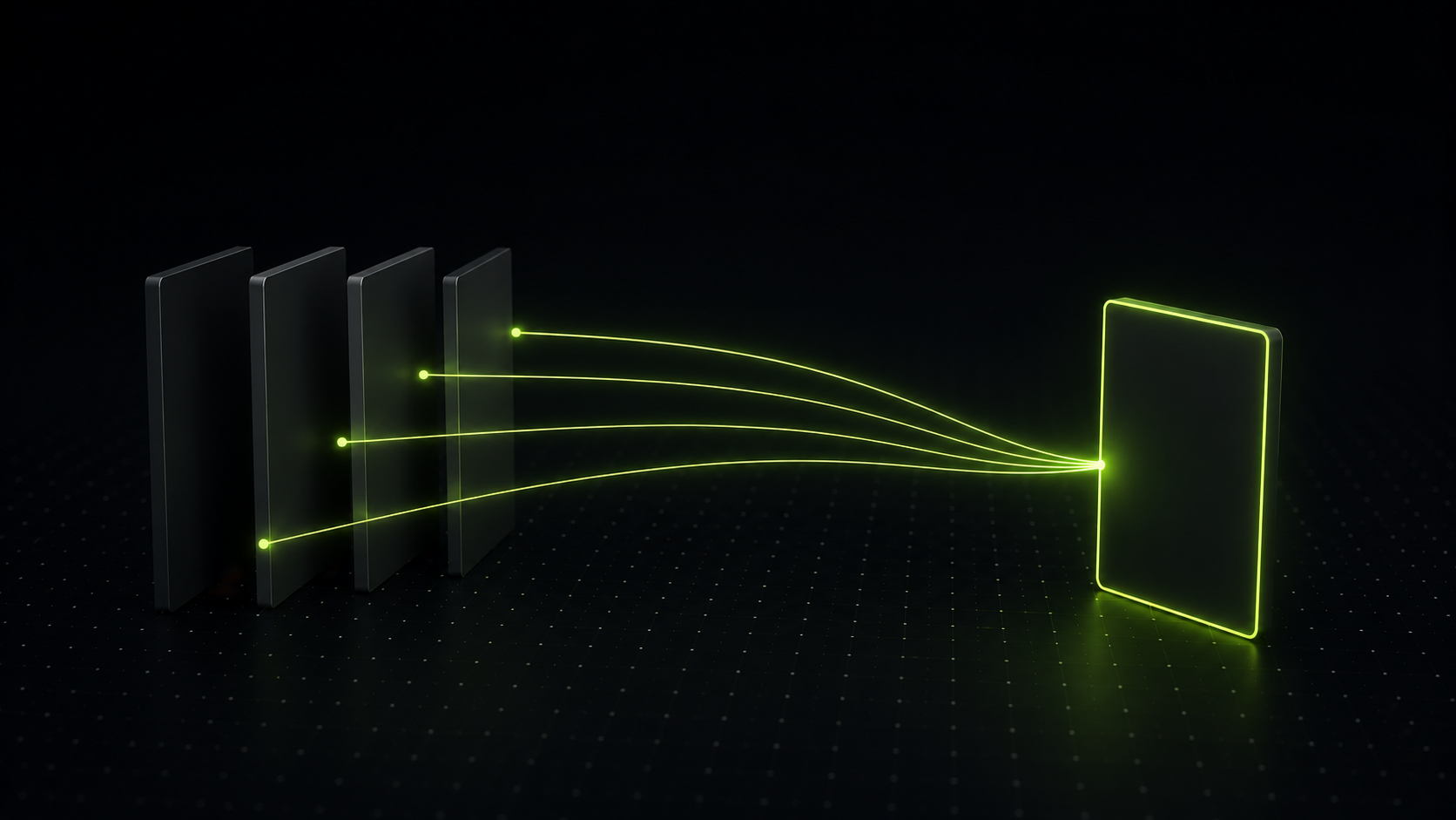Abstract dark 3D render of four dark grey upright plates on the left with thin glowing lime green lines arcing from each of them to a single plate on the right outlined in lime green.
