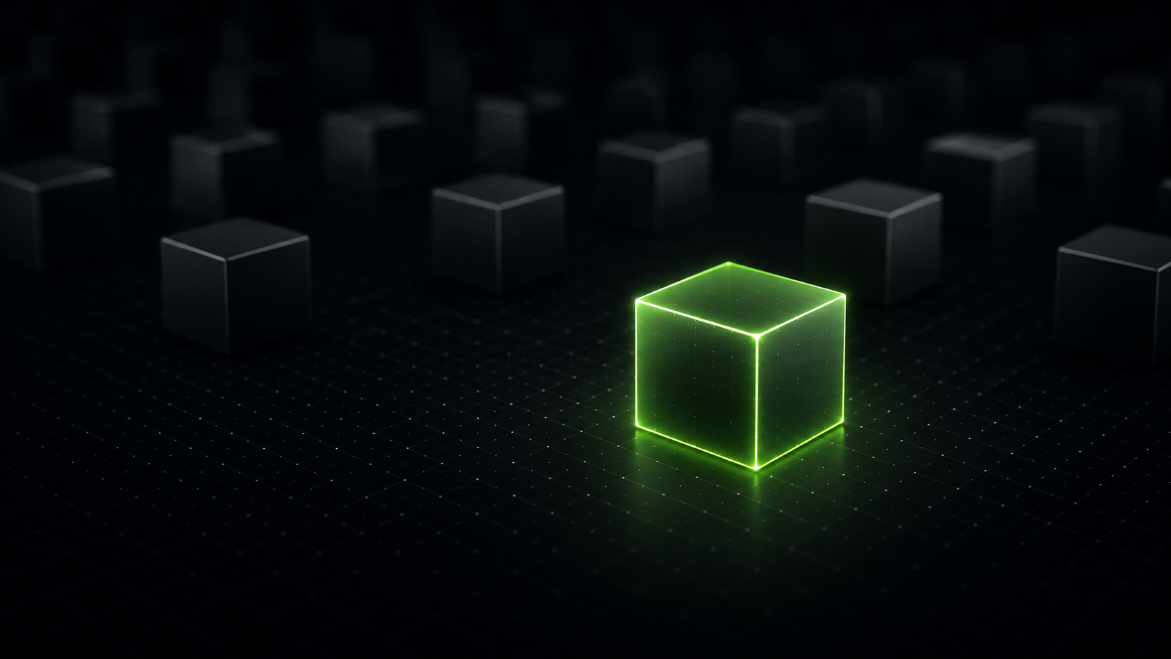 Abstract dark 3D render of a grid of dark grey cubes with one cube in front glowing lime green, standing out from its identical dim duplicates.