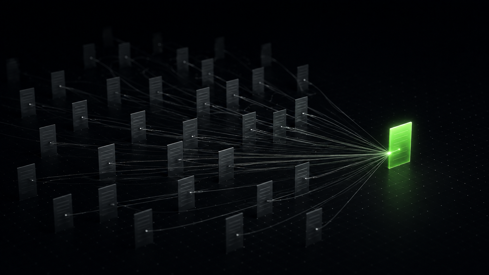 Abstract dark 3D render of dozens of faint grey document panels with thin lines converging toward a single glowing lime green panel on the right.