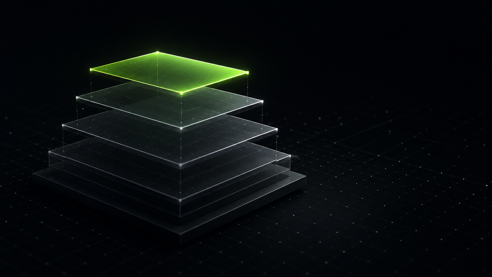 Abstract dark 3D render of five translucent panels stacked into a rising tier, the top panel glowing lime green, over a faint dot grid.