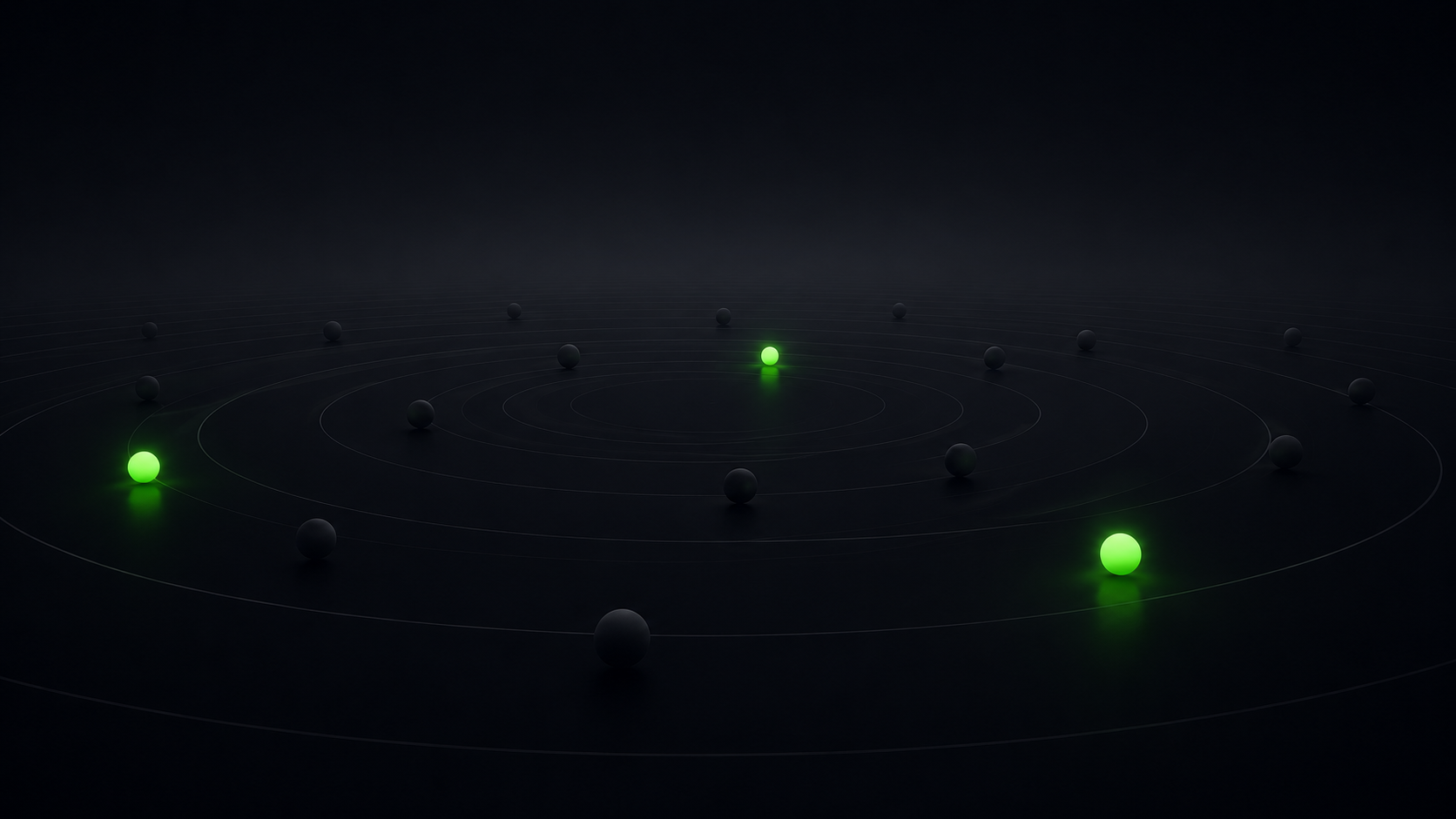 Abstract dark 3D render of faint concentric rings spreading across a dark plane, scattered with small spheres, three of which glow lime green while the rest stay dark grey.